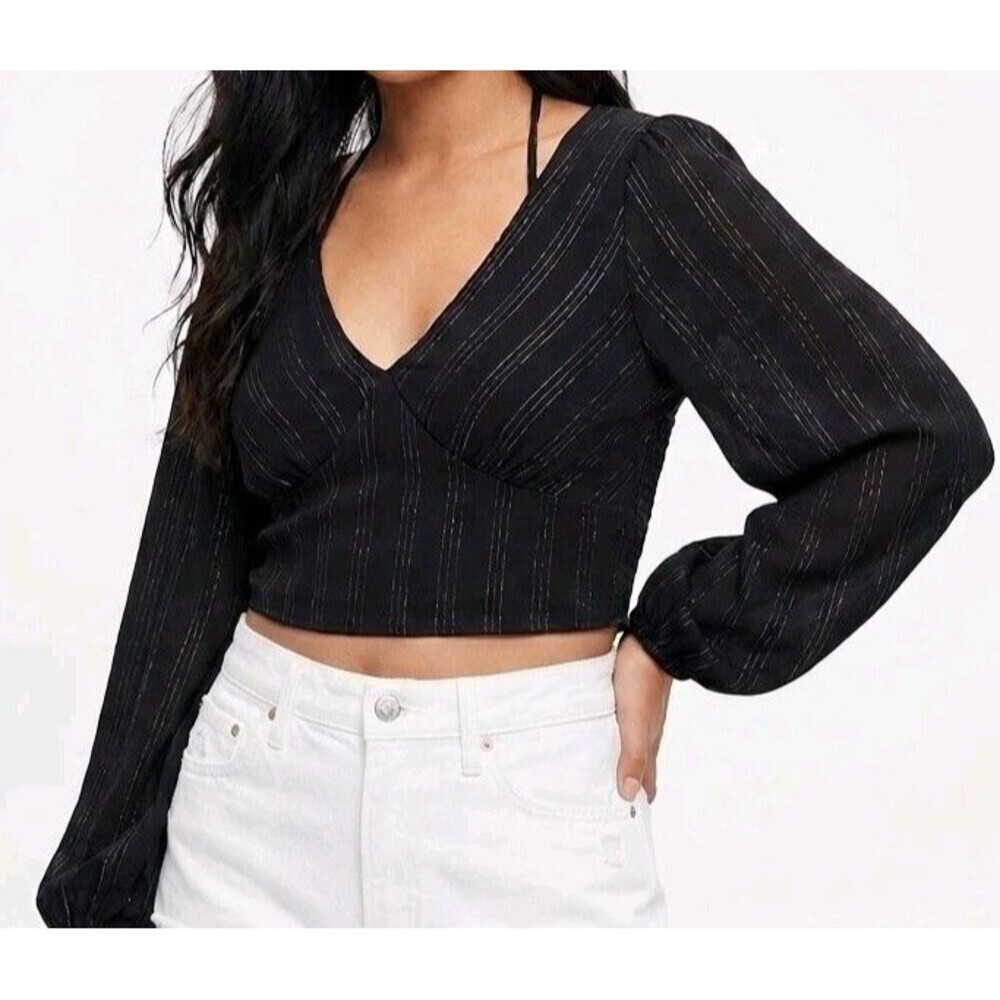 KIRIOUS Los Angeles Black Shimmer Crop Top Halter Neck Balloon Sleeve Medium...